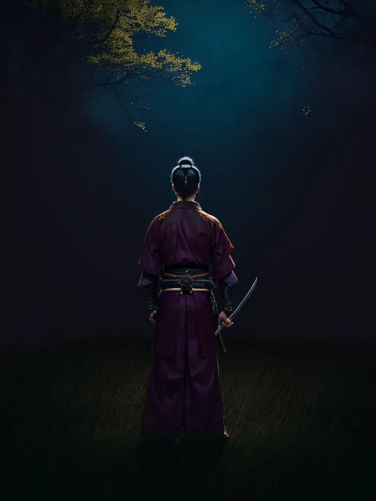 Dark night, young man dressed in traditional Chinese/Japanese warrior clothes, sword in the hand, standing with his back to the camera, carpet of mid-high grass on the ground. Few tree branches above his head. Path of mist in front of a man. Man lit up by a moon light.