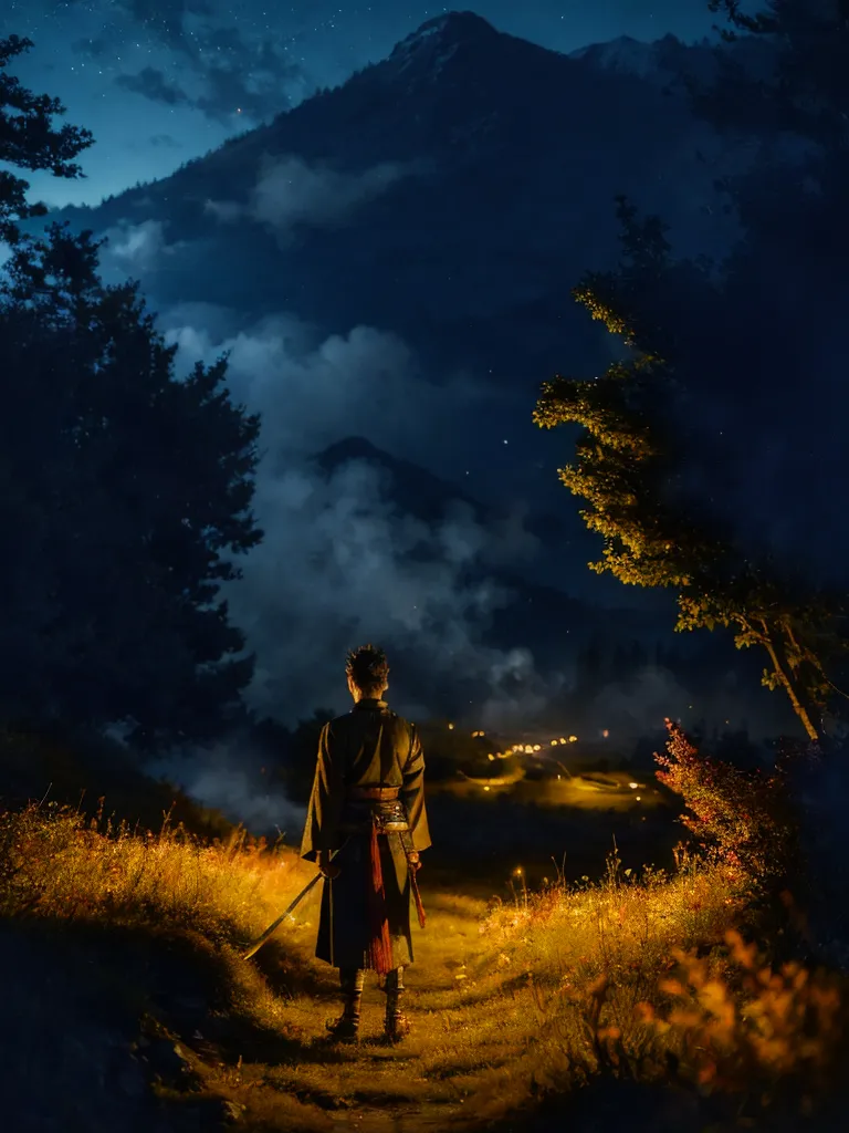 Beautiful night under the stars, young man dressed in traditional Chinese/Japanese warrior clothes, sword on the hip, standing with his back to the camera, on the meadow among the forest. Fireflies lit up grass and trees with warm glow. Mist coming down from the mountain