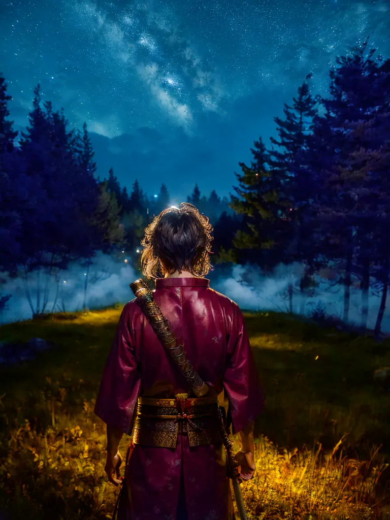 Beautiful night under the stars, young man dressed in traditional Chinese/Japanese warrior clothes, sword on the hip, standing with his back to the camera, on the meadow among the forest. Fireflies lit up grass and trees with warm glow. Mist crawling out of the forest to the meadow