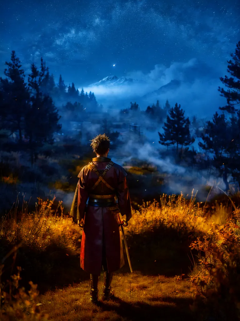 Beautiful night under the stars, young man dressed in traditional Chinese/Japanese warrior clothes, sword on the hip, standing with his back to the camera, on the meadow among the forest. Fireflies lit up grass and trees with warm glow. Mist coming down from the mountain