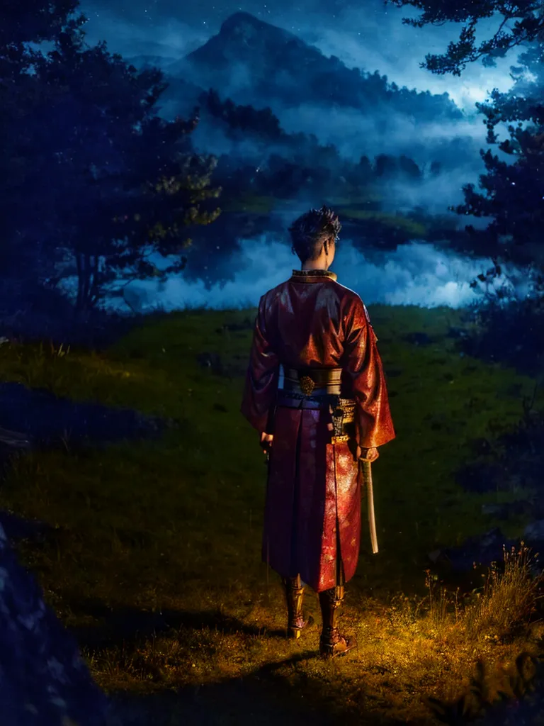 Beautiful night under the stars, young man dressed in traditional Chinese/Japanese warrior clothes, sword on the hip, standing with his back to the camera, on the meadow among the forest. Fireflies lit up grass and trees with warm glow. Mist coming down from the mountain