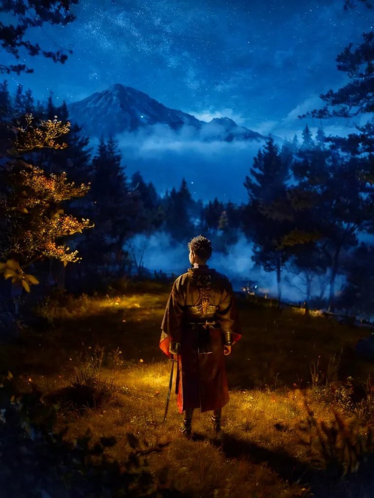 Beautiful night under the stars, young man dressed in traditional Chinese/Japanese warrior clothes, sword on the hip, standing with his back to the camera, on the meadow among the forest. Fireflies lit up grass and trees with warm glow. Mist coming down from the mountain