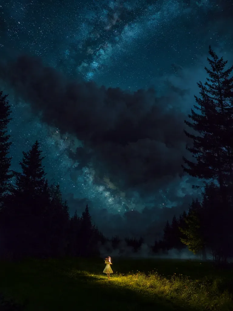 Beautiful night under the stars, meadow, girl in a dress standing on a meadow, fireflies lit up grass and trees with warm glow, mist coming down from the mountain