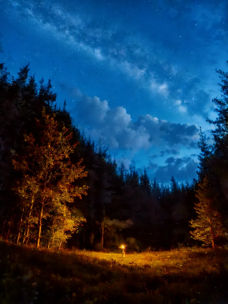 Beautiful night under the stars, meadow, girl in a dress standing on a meadow, fireflies lit up grass and trees with warm glow, mist coming down from the mountain