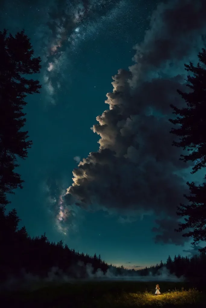 Beautiful night under the stars, meadow, girl in a dress standing on a meadow, fireflies lit up grass and trees with warm glow, mist coming down from the mountain