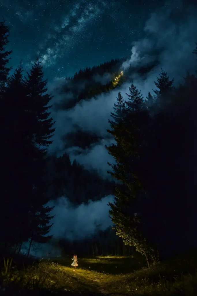 Beautiful night under the stars, meadow, girl in a dress standing on a meadow, fireflies lit up grass and trees with warm glow, mist coming down from the mountain