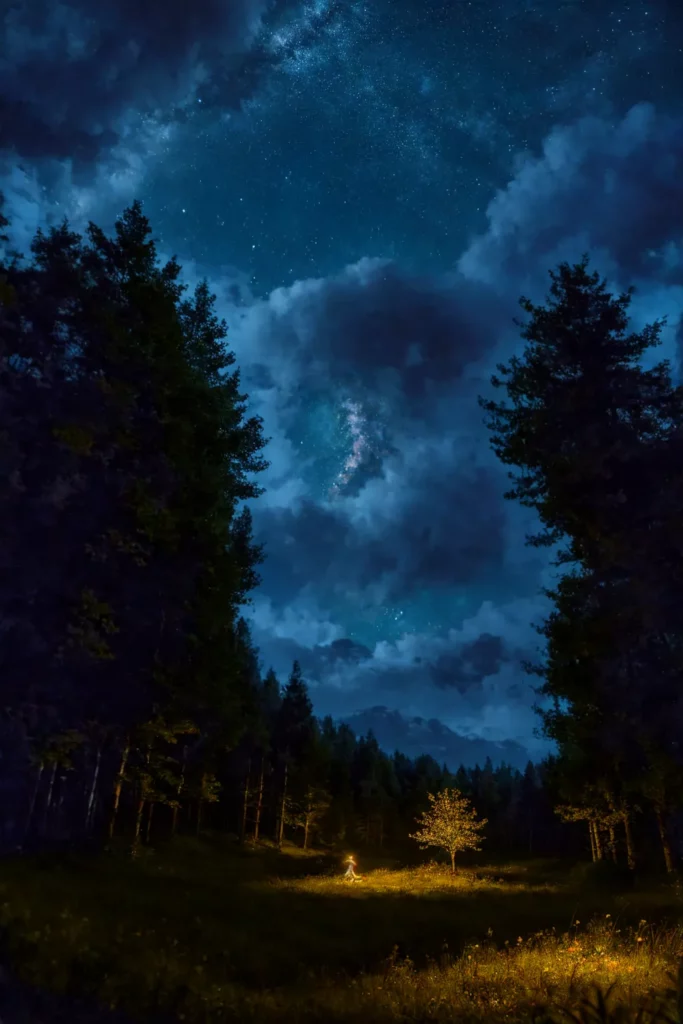 Beautiful night under the stars, meadow, girl in a dress standing on a meadow, fireflies lit up grass and trees with warm glow, mist coming down from the mountain