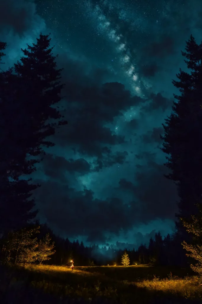 Beautiful night under the stars, meadow, girl in a dress standing on a meadow, fireflies lit up grass and trees with warm glow, mist coming down from the mountain