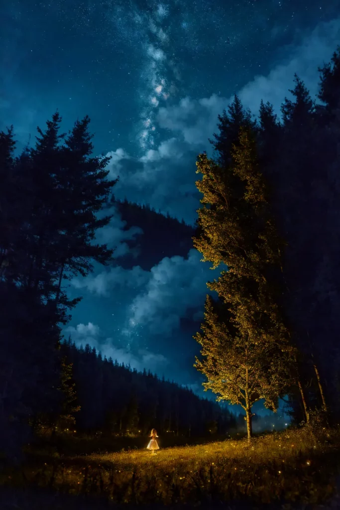 Beautiful night under the stars, meadow, girl in a dress standing on a meadow, fireflies lit up grass and trees with warm glow, mist coming down from the mountain