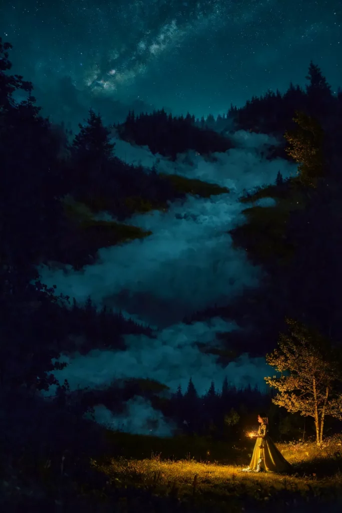 Beautiful night under the stars, meadow, girl in a dress standing on a meadow, fireflies lit up grass and trees with warm glow, mist coming down from the mountain