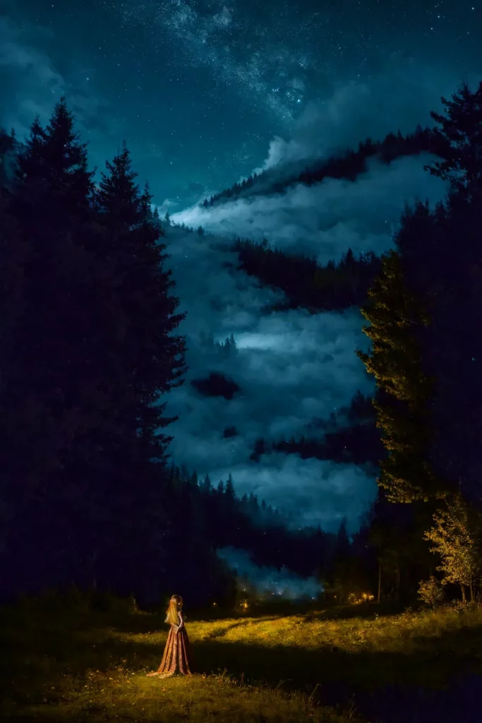 Beautiful night under the stars, meadow, girl in a dress standing on a meadow, fireflies lit up grass and trees with warm glow, mist coming down from the mountain