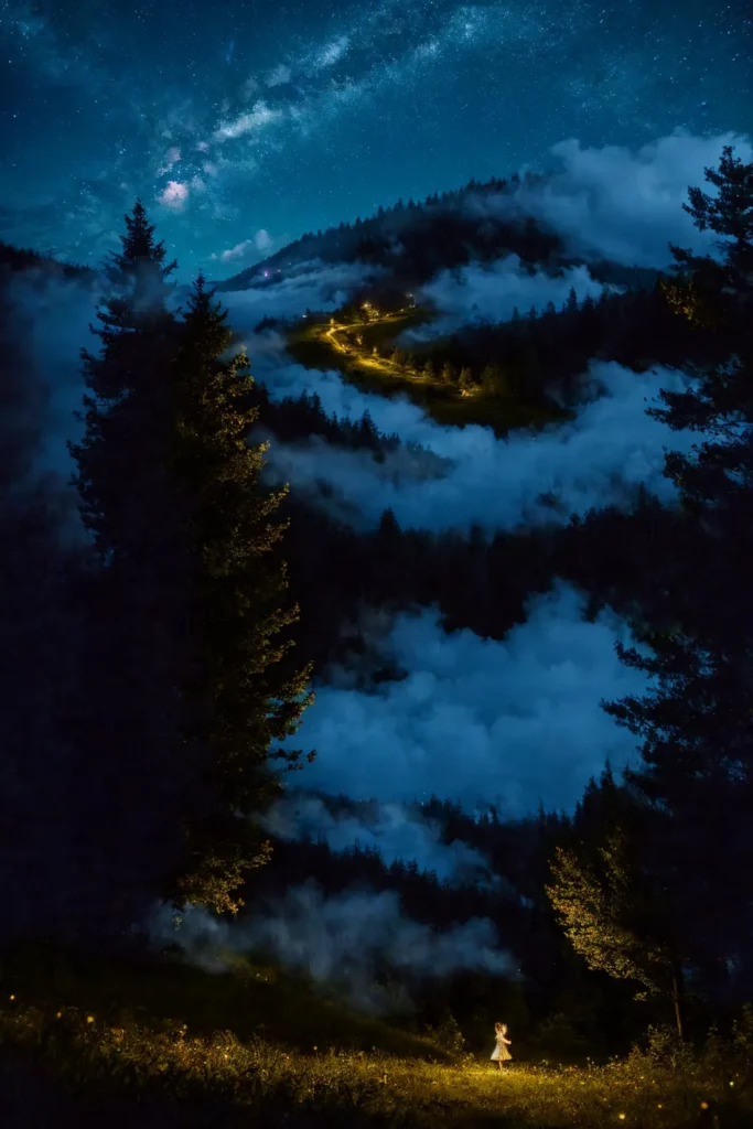 Beautiful night under the stars, meadow, girl in a dress standing on a meadow, fireflies lit up grass and trees with warm glow, mist coming down from the mountain