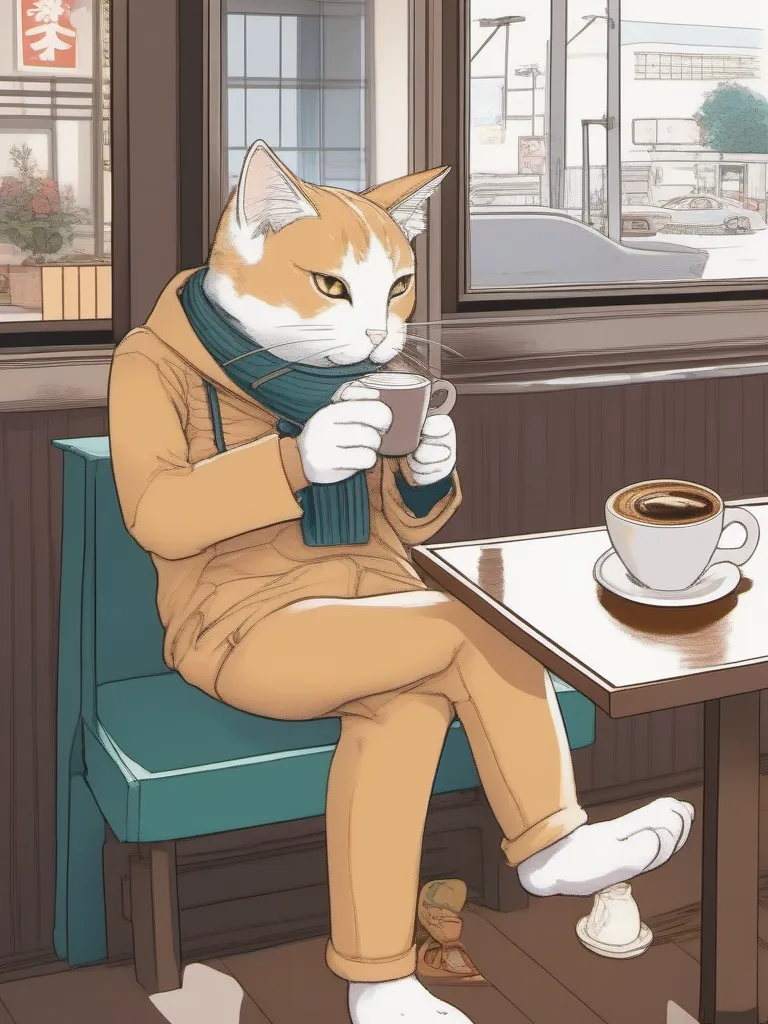 a humanoid cat drinking coffee at a coffee shop, art by Akihito Tsukushi
