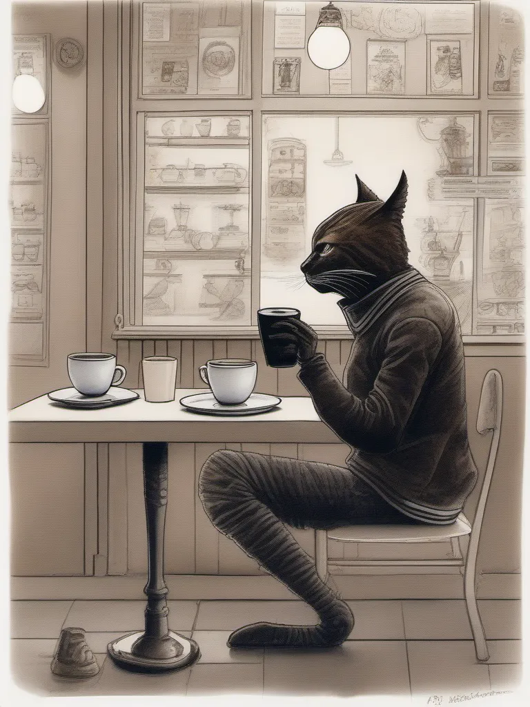 a humanoid cat drinking coffee at a coffee shop, art by Alfredo Volpi
