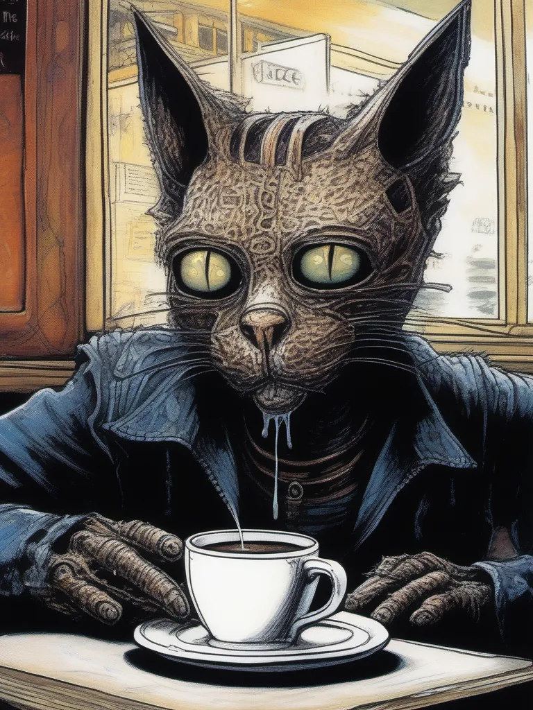 a humanoid cat drinking coffee at a coffee shop, art by Clive Barker
