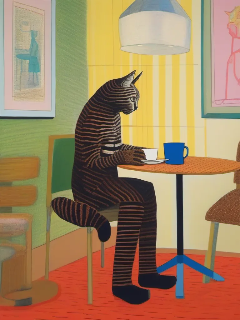 a humanoid cat drinking coffee at a coffee shop, art by David Hockney
