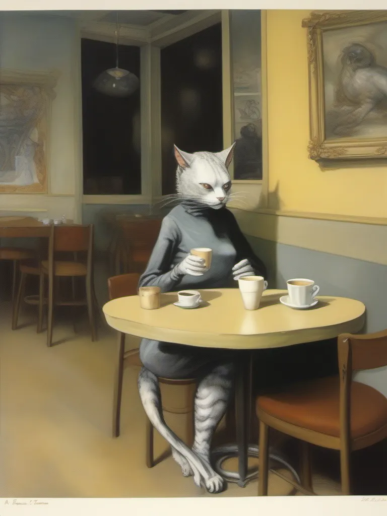 a humanoid cat drinking coffee at a coffee shop, art by Dorothea Tanning
