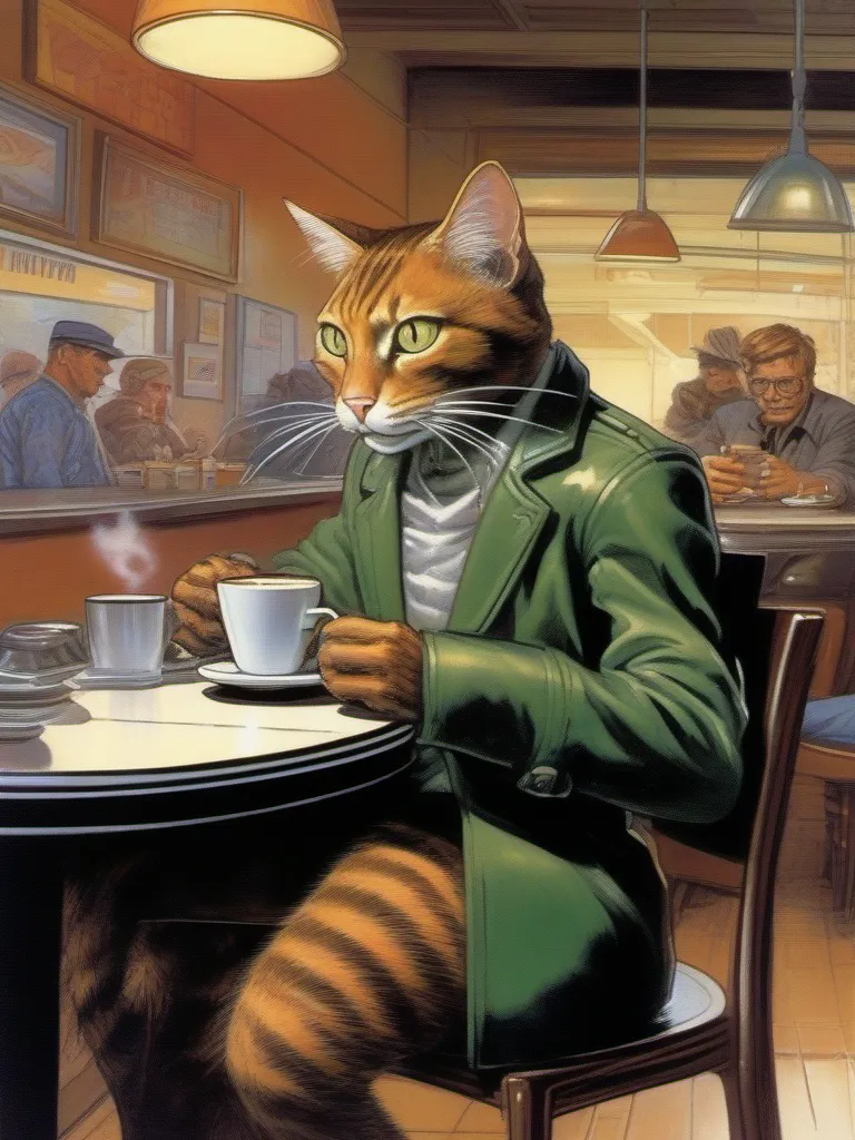 a humanoid cat drinking coffee at a coffee shop, art by Earl Norem
