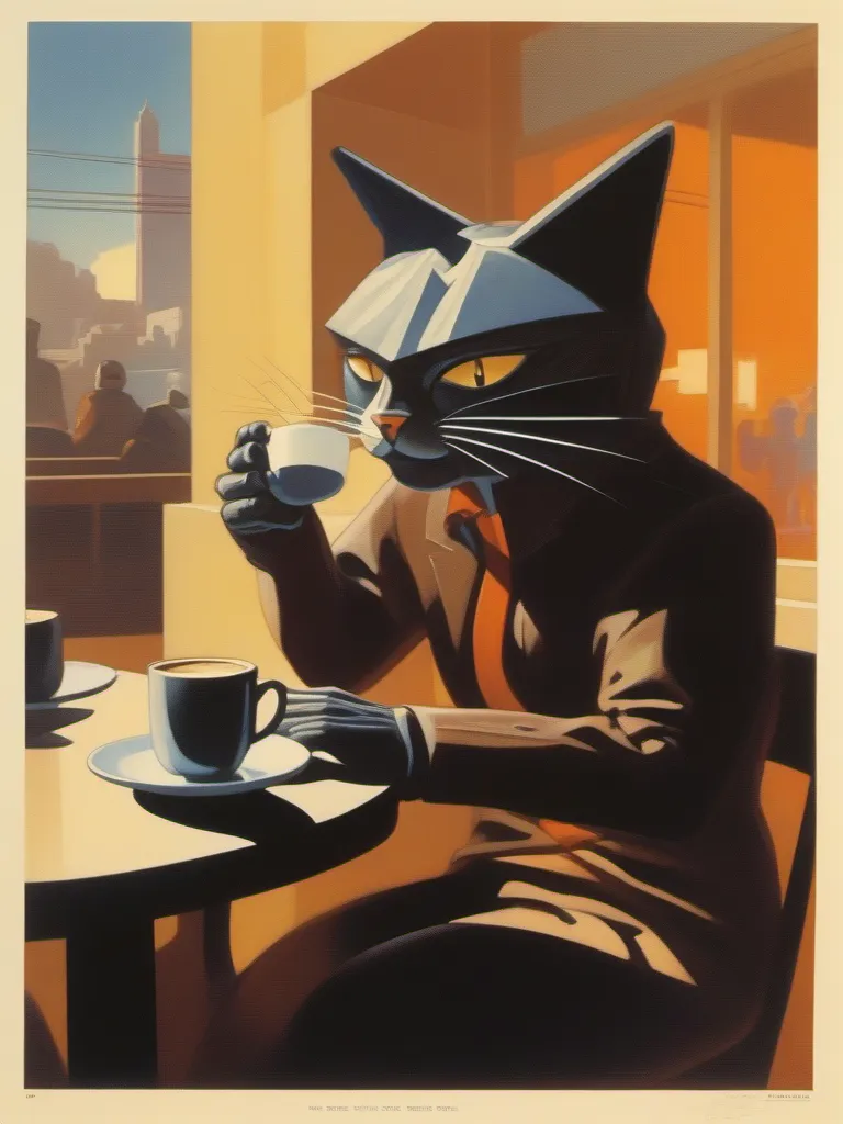 a humanoid cat drinking coffee at a coffee shop, art by Ed Mell
