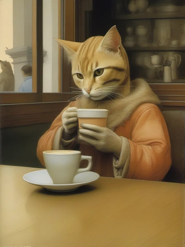 a humanoid cat drinking coffee at a coffee shop, art by Filippo Lippi
