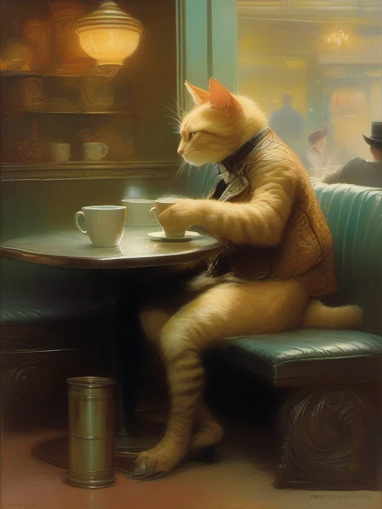 a humanoid cat drinking coffee at a coffee shop, art by Gaston Bussiere
