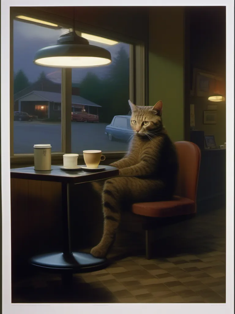 a humanoid cat drinking coffee at a coffee shop, art by Gregory Crewdson
