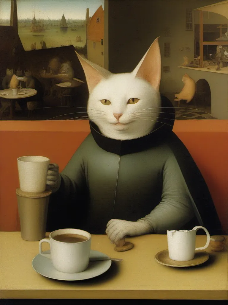 a humanoid cat drinking coffee at a coffee shop, art by Hieronymus Bosch
