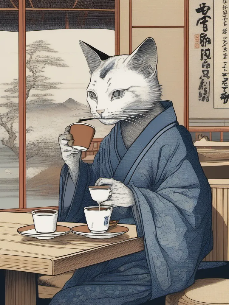 a humanoid cat drinking coffee at a coffee shop, art by Hokusai
